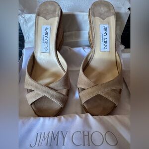 Jimmy Choo Nude Almer 80 Suede w/ Braid Trim Wedge-NWT, Sz 38.5